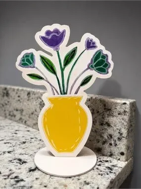 Image showcasing Accents | Yellow Vase With Purple Flowers Decorative Accent | Poshmark